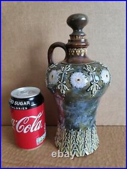 Antique Victorian Doulton Lambeth stoneware flagon with solid silver stopper