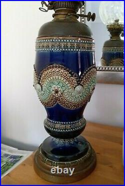 Antique Victorian / Edwardian Royal Doulton Lambeth Stoneware Large Oil Lamp