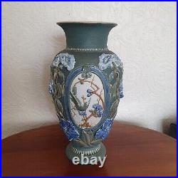 C1882 Large Doulton Lambeth Vase By John Broad Applied Flowers Butterflies Bird