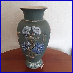 C1882 Large Doulton Lambeth Vase By John Broad Applied Flowers Butterflies Bird