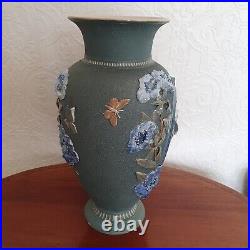 C1882 Large Doulton Lambeth Vase By John Broad Applied Flowers Butterflies Bird