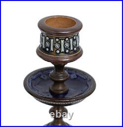 Composed Pair Antique Doulton Lambeth Stoneware & Brass Candlesticks c1900