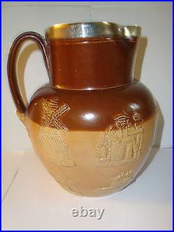 DOULTON LAMBETH STONEWARE SILVER RIMMED HUNTING JUG c1893 SUPER CONDITION