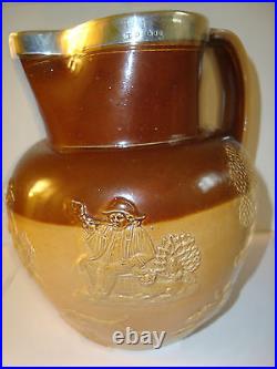 DOULTON LAMBETH STONEWARE SILVER RIMMED HUNTING JUG c1893 SUPER CONDITION