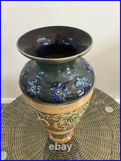 Doulton Blue Floral Vase, Lambeth Stoneware with signature LB