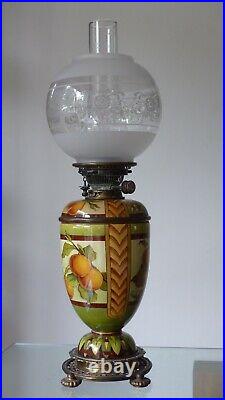 Doulton Lambeth A Euphemia Thatcher, Stoneware Table Oil Lamp, Oranges & Blossom