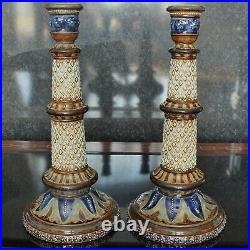 Doulton Lambeth Beautifully Decorated Pair of 10.5 Candlesticks dated 1880