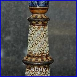 Doulton Lambeth Beautifully Decorated Pair of 10.5 Candlesticks dated 1880