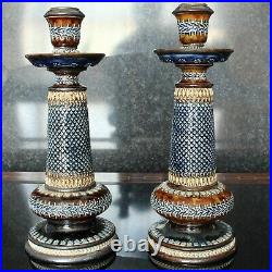Doulton Lambeth Beautifully Decorated Pair of 9.5 Candlesticks dated 1881