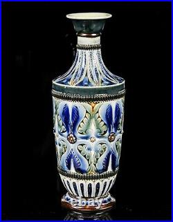 Doulton Lambeth Blue Brown Green Floral Foliate Stoneware Vase, Dated 1880