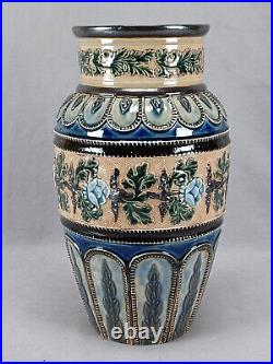 Doulton Lambeth Blue Floral Brown Green & Beige Stoneware Vase C. 1880-1902