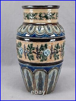Doulton Lambeth Blue Floral Brown Green & Beige Stoneware Vase C. 1880-1902
