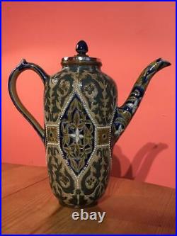 Doulton Lambeth Coffee Pot & Sugar Bowl 1878 Mary Mitchell Silver Rims Mappin