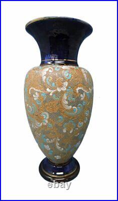 Doulton Lambeth England Pottery Vase, Painted & Enamel Body, 14 In. C. 1890