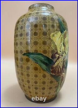 Doulton Lambeth Faience 1880s Iris Vase Artist Signed F. Stable & A. E. Thatcher