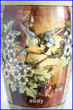 Doulton Lambeth Faience Vase Panels Of Blue Tits Isabel Lewis c. 1881