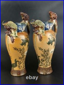 Doulton Lambeth Grotesque Art Pottery Jug Pair Frog and Lizard Design
