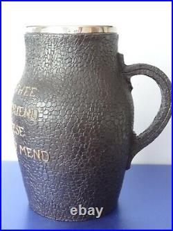 Doulton Lambeth Motto Leather Ware Large Jug Silver Rim Hallmarked London 1890