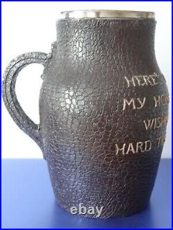 Doulton Lambeth Motto Leather Ware Large Jug Silver Rim Hallmarked London 1890