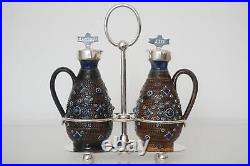 Doulton Lambeth Mounted Oil & Vinegar Cruet Set & Silver-Plated Stand c. 1879