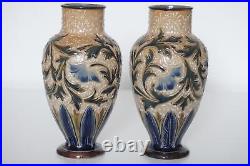 Doulton Lambeth Pair Vases Alice E. Budden Incised Floral Design c. 1886