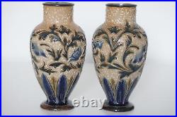 Doulton Lambeth Pair Vases Alice E. Budden Incised Floral Design c. 1886