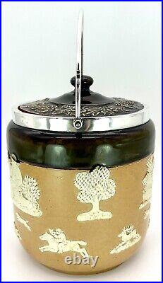 Doulton Lambeth Silver Mounted Biscuit Barrel 1897 Hutton & Sons Ltd