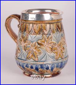 Doulton Lambeth Silver Mounted Cream Jug by Francis E Lee, 1877