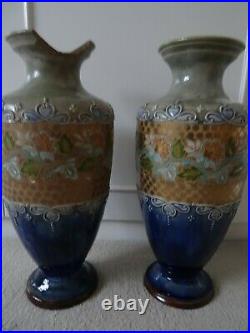 Doulton Lambeth Stoneware Matching Vases, circa 1876 to 1880, one A/F
