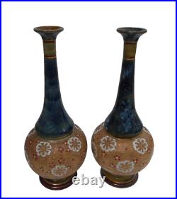 Doulton Lambeth Stoneware Vases Floral Chine Design Circa 1894