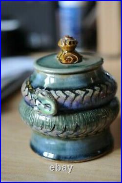 Doulton Lambeth lidded pot with snake coiling around ex. Harriman Judd coll'n