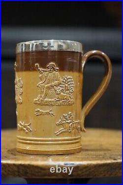 Doulton Lambeth silver rimmed salt glazed mug / tankard 1888