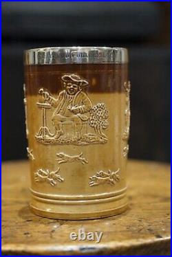 Doulton Lambeth silver rimmed salt glazed mug / tankard 1888