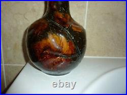 Doulton Stoneware 25.3cm Dark Teacle Colour Signed Vase With Autumn Leaf Inserts