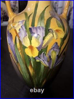 Faience Vase Irises Blue Yellow Doulton Lambeth Stoneware Hand Painted