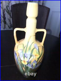 Faience Vase Irises Blue Yellow Doulton Lambeth Stoneware Hand Painted