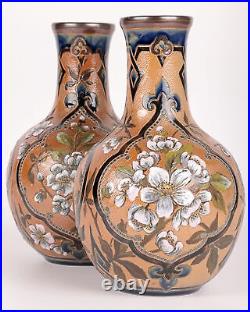 Frances E Lee Impressive Pair Doulton Lambeth Slaters Floral Painted Vase C. 1885