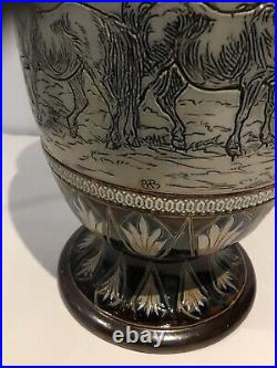 Large Doulton Lambeth Stoneware Vase, with Horses by HANNAH. B. BARLOW 1881