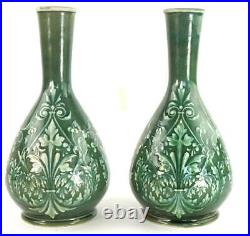 Pair Antique Doulton Lambeth Bottle Vases White Paste Over Green Ground