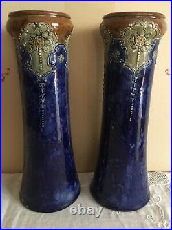 Pair Art Nouveau Doulton Lambeth Blue Stoneware Vases 13