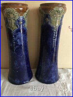 Pair Art Nouveau Doulton Lambeth Blue Stoneware Vases 13