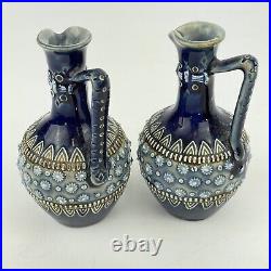 Pair Of Antique Doulton Lambeth Miniature Stoneware Jugs Blue 9.5cm