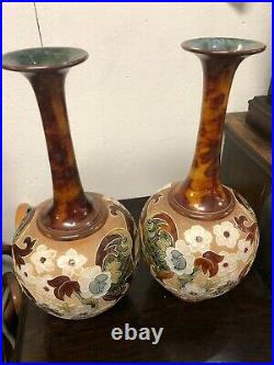 Pair Of Royal Doulton Lambeth Slater Tall Vases 1885 15 1/2 Inches Tall