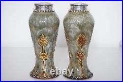 Pair Royal Doulton Lambeth Art Nouveau Silver Mounted Vases c. 1910