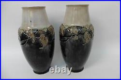 Pair of Antique Royal Doulton Lambeth Clematis 9 3/4 Vases Bessie Newberry