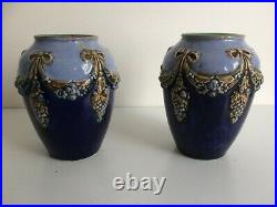 Pair of Antique Royal Doulton Lambeth Vases With Raised Swag & Grape Decoration