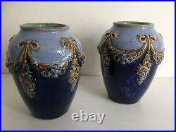 Pair of Antique Royal Doulton Lambeth Vases With Raised Swag & Grape Decoration
