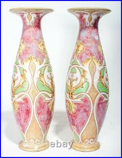 Pair of Art Nouveau Royal Doulton Lambeth Vases by Francis Pope Pink/Green
