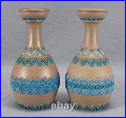 Pair of Doulton Lambeth Silicon Ware Blue Brown & White 4 1/2 Inch Vases