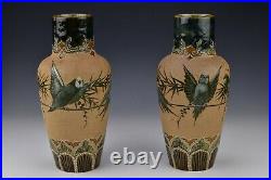 Pair of Florence Barlow Doulton Lambeth Pottery Vases with Birds